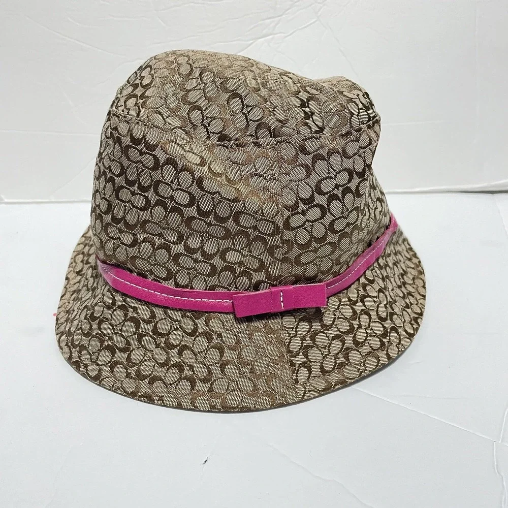 Vtg Coach Women Kids Girls Signature Monogram Bucket Hat Pink Trim Logo‎ Sz S/M
